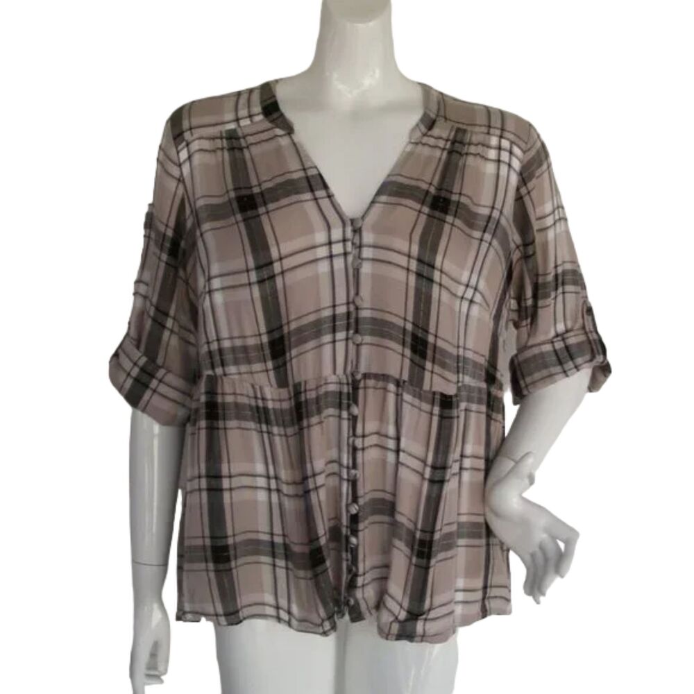 TORRID Top, 2/2XL, Tan Plaid, Roll Cuffs/Strap, Cloth covered buttons